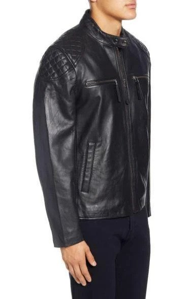 Quilted Shoulder Lambskin Leather Moto Jacket