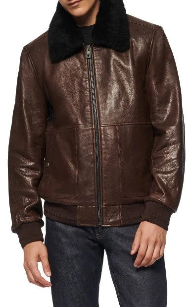 Cuthbert Leather Bomber Jacket with Removable Genuine Shearling Collar