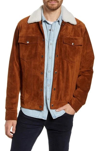 Genuine Shearling Collar Suede Trucker Jacket