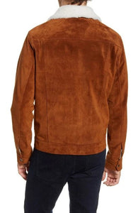 Genuine Shearling Collar Suede Trucker Jacket