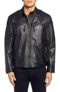 Quilted Shoulder Lambskin Leather Moto Jacket