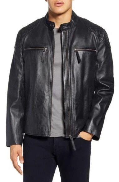 Quilted Shoulder Lambskin Leather Moto Jacket