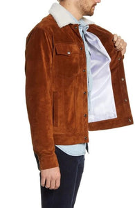 Genuine Shearling Collar Suede Trucker Jacket