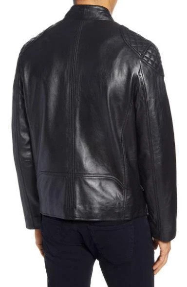 Quilted Shoulder Lambskin Leather Moto Jacket