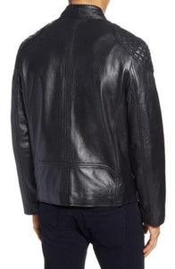 Quilted Shoulder Lambskin Leather Moto Jacket