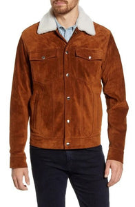 Genuine Shearling Collar Suede Trucker Jacket
