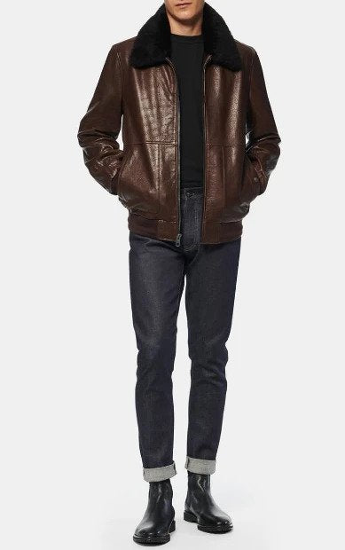 Cuthbert Leather Bomber Jacket with Removable Genuine Shearling Collar