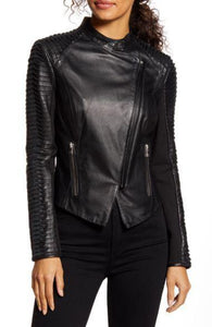 Azra Statement Sleeve Leather Moto Jacket