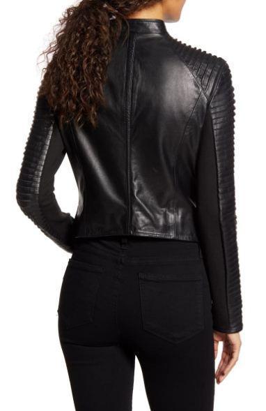 Azra Statement Sleeve Leather Moto Jacket