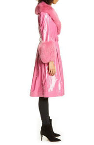 SAKS POTTS Patent Leather Coat with Genuine Fox Fur Trim