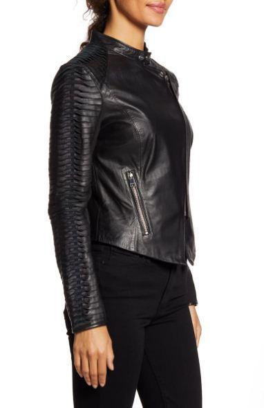 Azra Statement Sleeve Leather Moto Jacket