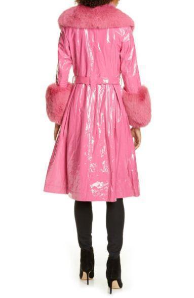 SAKS POTTS Patent Leather Coat with Genuine Fox Fur Trim